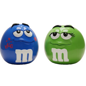 M&M’s Ceramic Candy Jars Set Blue Hug & Green w Lids Galerie Mars Collectible